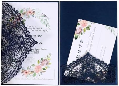 20Pcs Laser Cut Pocket Wedding Invitation Covers, 4.9×7 Inch Trifold Lace Floral Invitation Sleeves with Envelopes (Navy Blue, 20 Pcs Customized Printed) by Custom
