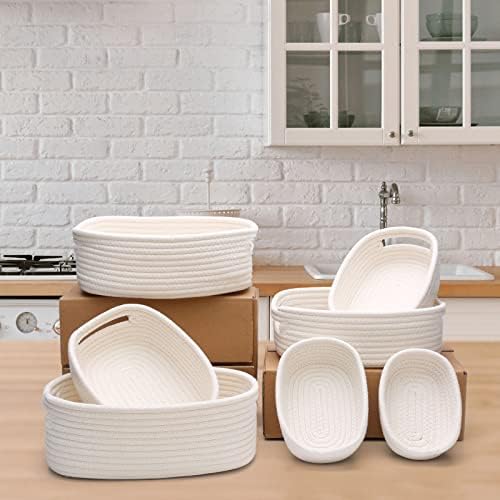 7 Piece Cotton Rope Woven Basket Set - Small Basket for Baby Nursery, Pets, Montessori, Dog & Cat Toy Boxes, Bathroom Organization Bins (White) - Image 4