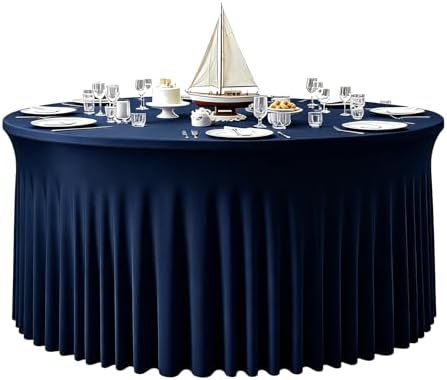 GALLETY Navy Blue Table Cloth for 5FT Round Table, Fitted Spandex 120 inch Round Tablecloth, Wrinkle Free Tables Skirt for Receptions Birthday Photography Social Events Engagement Party Decorations by Creativepartyuniquedecorat