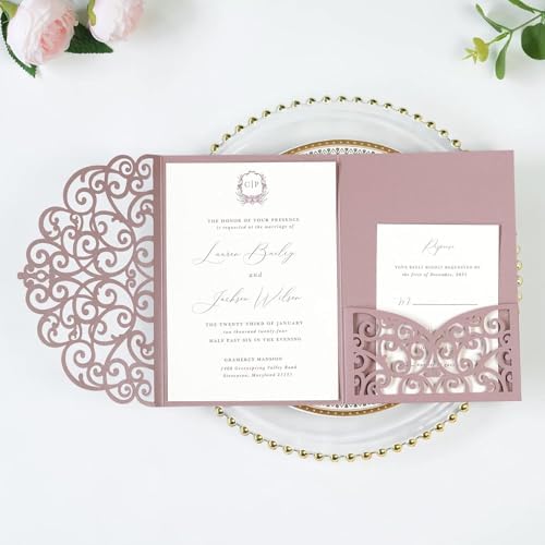PONATIA 5.12 x 7.2 Dusty Rose Laser Cut Wedding Invitations, 5x7 Trifold Laser Cut Invitation Pockets with Envelopes for Wedding Bridal Shower Engagement Quinceanera Invitations (20PCS No Inner Sheet) - Image 2