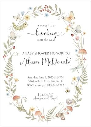 Lovebug Baby Shower Invitation, Floral Wreath Design, Watercolor Bug Garden Theme with Butterflies and Mushrooms, Custom Printed Invitations by Handmade