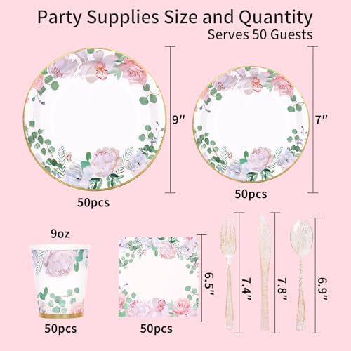 350 PCS Floral Plates and Napkins Party Supplies Serve 50 Flower Disposable Paper Dinnerware Sets for Adults Bridal Shower Decorations Baby Shower Birthday Wedding Engagement Tea - Image 2