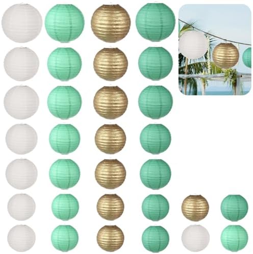 32 Paper Lanterns Set, 6, 8, 10, 12 Mixed Sizes, Round Foldable Lanterns for Indoor Outdoor Hanging, Birthday Wedding Baby Shower Christmas Festival Party Décor by Unknown