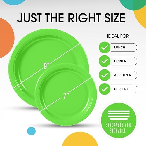 Party Solids Exquisite Lime Green Mixed Paper Plates - 7" & 9", 200 Pack (100 each), 350 GSM - Image 3