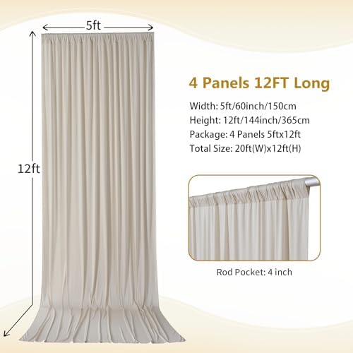 20×12ft Wrinkle Free Beige Backdrop Curtain for Wedding Parties-2 Panels 5×12ft Long Soft Silky Polyester Backdrop Drapes Photo Back Drop Curtains for Party Photography Background Cloth - Image 4