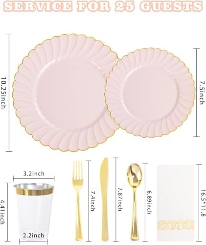 YOUBET 175PCS Pink Scalloped Plastic Plates for Party Wedding Baby Shower - Image 2