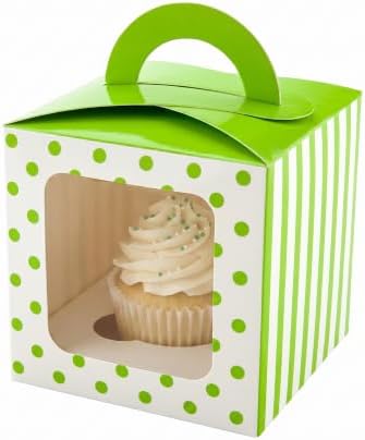 Restaurantware Pastry Tek 4.5 Inch Individual Cupcake Boxes 100 Polka Dots Cupcake Favor Boxes - Fits 1 With Window Green Paper Cupcake Gift Boxes Built In Handle For Weddings Or Parties by Restaurantware