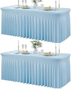 2Pack Baby Blue Spandex Table Clothes for 6 Foot Rectangle Tables, Fitted Table Cover 6ft Stretch Tablecloths Desk Skirt for Parties Weddings Birthday Banquet Baby Shower by Htper