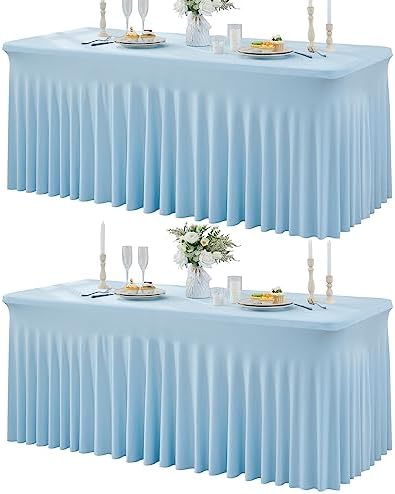 2Pack Baby Blue Spandex Table Clothes for 6 Foot Rectangle Tables, Fitted Table Cover 6ft Stretch Tablecloths Desk Skirt for Parties Weddings Birthday Banquet Baby Shower by Htper