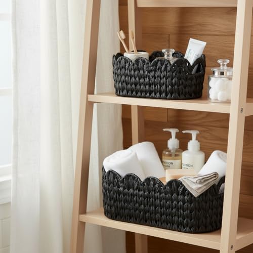 Coeusy Wicker Scalloped Basket Set of 2,Woven Storage Baskets for Shelves,Closet,Laundry,Gift,Towels,Books,Toys,Waterproof Decor Basket for Organizing,Black Oval - Image 2