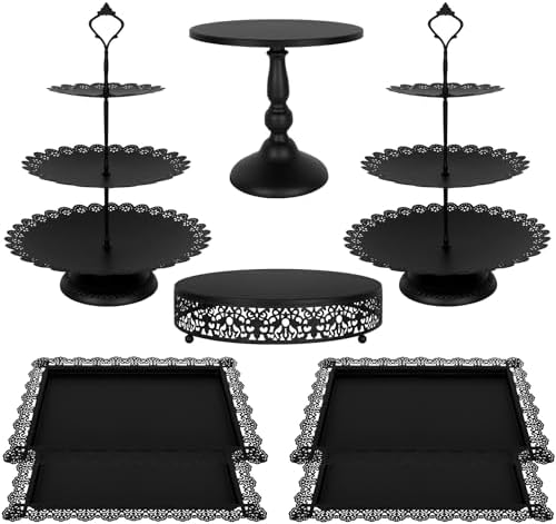 Fivenl 8 Pcs Cake Stand Black Metal Dessert Table Display Set, 3-Tier Cupcake Stand, Cake Display Tower and Cookie Tray Rack Serving Tray for Birthday Party, Weddings, Baby Shower (Black) by Fivenl