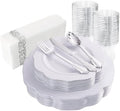 NOCCUR 175pcs Silver Plastic Plates - Silver Rim Plastic Tableware Include 25 Dinner/Dessert Plates, 25 Forks, 25 Knives, 25 Spoons for Wedding/Party by NOCCUR