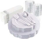 NOCCUR 175pcs Silver Plastic Plates - Silver Rim Plastic Tableware Include 25 Dinner/Dessert Plates, 25 Forks, 25 Knives, 25 Spoons for Wedding/Party by NOCCUR