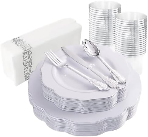 NOCCUR 175pcs Silver Plastic Plates - Silver Rim Plastic Tableware Include 25 Dinner/Dessert Plates, 25 Forks, 25 Knives, 25 Spoons for Wedding/Party by NOCCUR
