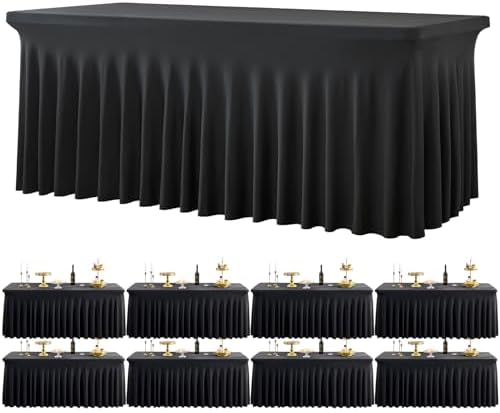 8 Pack Spandex Black Tablecloths for 6 Foot Rectangle Tables, Stretch Table Cloth 6ft Fitted Tablecover Desk Skirt for Parties Weddings Birthday Banquet Baby Shower by Htper