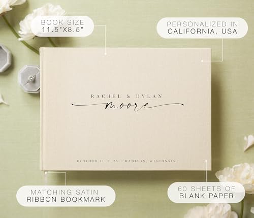 Personalized Guest Book - 11.5" x 8.5" Custom Bride & Groom Names with Bookmark and Hard Cover 140 GSM Blank Pages, for Weddings Guest Book, Engagements, Birthdays, Special Events, Cream - Image 2