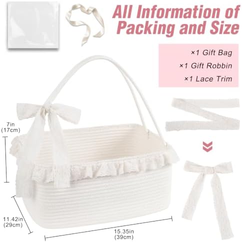 OIAHOMY Gift Basket with Long Handles, Large Woven Baskets for Gifts with Gift Bag, Ribbons and Lace, Cotton Rope Storage Basket for Birthdays, Baby Showers, Picnic, Wedding DIY Presents 19L - White - Image 2