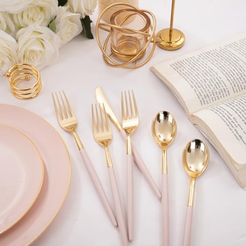I00000 300Pcs Pink Plastic Silverware, Fancy Gold Cutlery with Pink Handle - Image 3