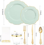 NOCCUR 175PCS Sage Green Plastic Plates with Gold Disposable Silverware - Include 50 Green and Gold Plastic Plates,25 Knives,25 Forks,25 Spoons,25 Cups and 25 Napkins - Wedding/Party/Baby Shower - Image 2