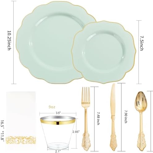 NOCCUR 175PCS Sage Green Plastic Plates with Gold Disposable Silverware - Include 50 Green and Gold Plastic Plates,25 Knives,25 Forks,25 Spoons,25 Cups and 25 Napkins - Wedding/Party/Baby Shower - Image 2