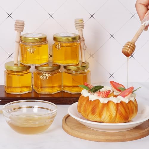 2 oz 30 Pack Mini Glass Honey Jars with Wood Dippers & Gold Lids - Image 4