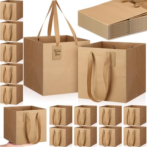 Windyun 25 Pcs Square Paper Gift Bags with Handle 10 x 10 x 10'' Large Favor Bag with DIY Thank You Tag for Wedding Christmas Bridal Shower Bridesmaid Birthday Party (Kraft) by Windyun