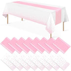 16Pack Disposable Plastic Tablecloths and Satin Table Runner Set White and Pink Dot Table Cloth Gold for Graduation Wedding Engagement Birthday Baby Shower Anniversary Holiday Party Decorations by MASHAN