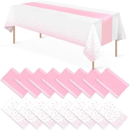 16Pack Disposable Plastic Tablecloths and Satin Table Runner Set White and Pink Dot Table Cloth Gold for Graduation Wedding Engagement Birthday Baby Shower Anniversary Holiday Party Decorations by MASHAN