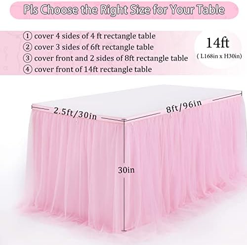 Rectangle Table Skirt Pink 14FT Tulle Table Skirting LED Tutu Tablecloth for Wedding Birthday Party Baby Shower Decorations - Image 4