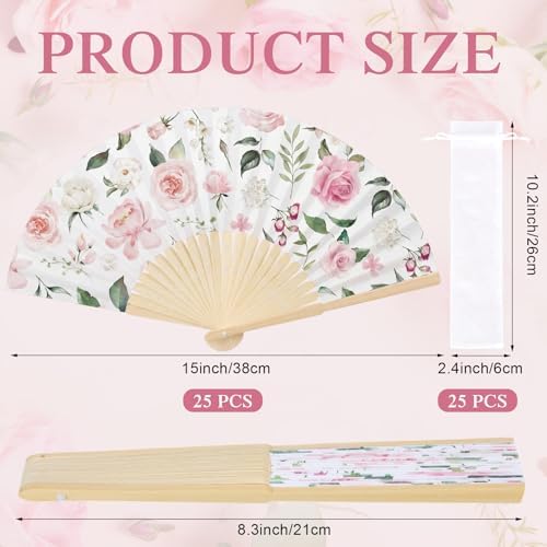 25 Pcs Pink Floral Folding Hand Fan Bulk with Organza Bags - Image 2