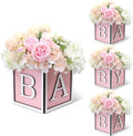 4 Set Baby Shower Centerpieces for Tables - 6 inch Wooden Boxes with Baby Letters Rustic Cube Planter Wood Blocks for Gender Reveal Party Favor (Pink) by ACMEE