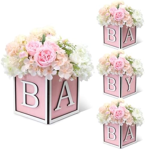 4 Set Baby Shower Centerpieces for Tables - 6 inch Wooden Boxes with Baby Letters Rustic Cube Planter Wood Blocks for Gender Reveal Party Favor (Pink) by ACMEE
