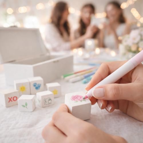 Nolia Baby Shower Blocks Decorating Game – 48 White Wooden Cubes to Decorate, Storage Box, 12 Acrylic Markers & Instruction Sign - Image 2