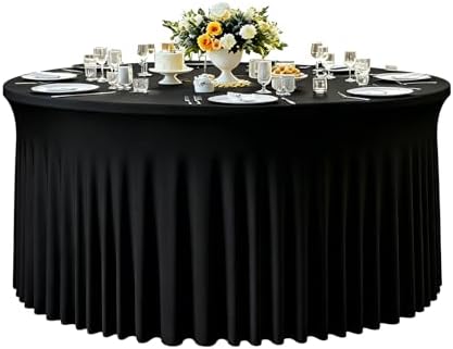 GALLETY Black Table Cloth for 5FT Round Tables, Fitted Spandex 120 inch Round Tablecloth, Wrinkle Free Black Table Skirt for Receptions Birthday Holiday Dinner Banquet Juneteenth Decorations by Creativepartyuniquedecorat