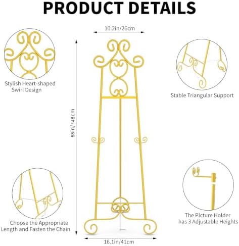 58" H Gold Easel Stand, Adjustable Metal Floor Wedding Sign Display Holder - Image 2