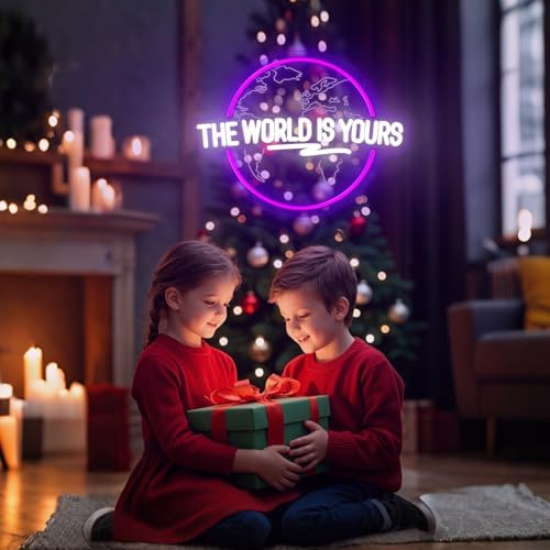 The World Is Yours Neon Sign Dimmable Carved Planet The World Is Yours LED Signs Purple Neon Sign for Bedroom Classroom Man Cave Game Room Birthday Christmas Gifts for Kids - Image 5