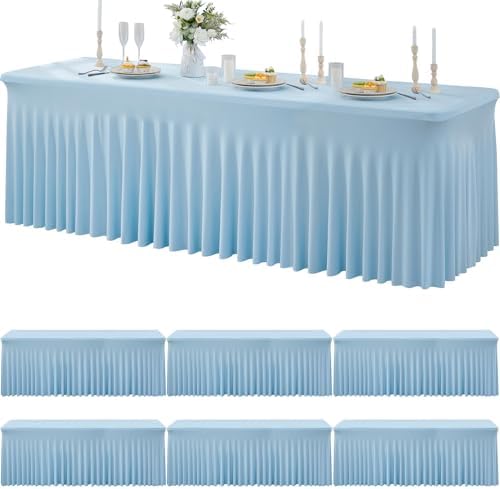 6 Pack Spandex Baby Blue Tablecloths for 8 Foot Rectangle Tables, Wrinkle Free Fitted Table Cloths 8ft Stretchy Table Cloth for Parties Weddings Birthday Banquet Baby Shower by Htper