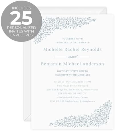 Canopy Street Personalized Dainty Floral Invitations / 25 Custom Modern Wedding Invites With White Envelopes / 5" x 7" Dusty Blue Botanical Anniversary Party Invite/Made In The USA - Image 2
