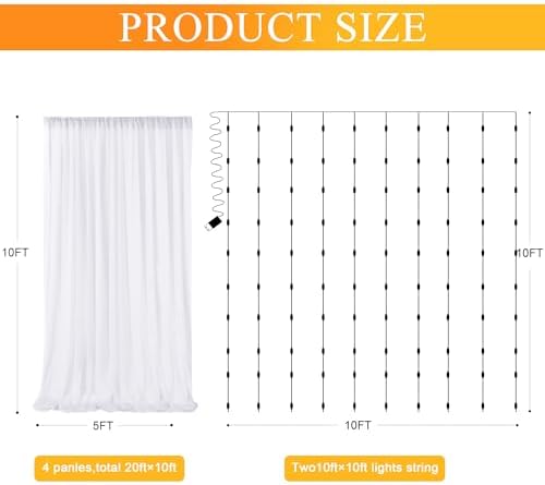 Tulle Backdrop Curtains with Lights Sheer White Curtain Backdrop 20x8ft - Image 2