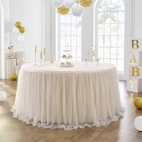 132in Champagne Gold Tulle Table Skirts for Rectangle Tables 8ft 6ft 4ft, 2-Layer Beige Ruffle Tulle Tutu Cloth Table Skirt 11ft for Wedding Party Birthday Baby Shower Cake Dessert(No Table Cover) - Image 2