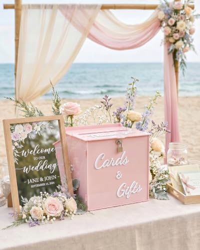 Dusty Rose Acrylic Wedding Card Box with Lock, 10" Card Holder with Slot - Image 5