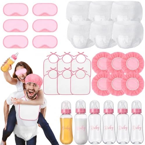 6 Sets Bottle Chug Baby Shower Blind Games Juegos Para Include Plastic Bottles Bibs Hat Eye Mask Disposable Diapers Blindfolded Baby Shower Bottle Games Gender Reveal Decoration (Pink) by giftlyze