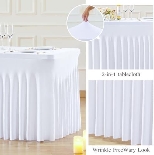 White Table Cloth for 6 Foot Rectangle Tables Fitted Stretch Spandex Table Cover with Skirt 6ft Baby Shower Birthday Party Banquet Ruffle Tablecloth Wedding Table Cloths Desk Skirt, 4 Pack - Image 3