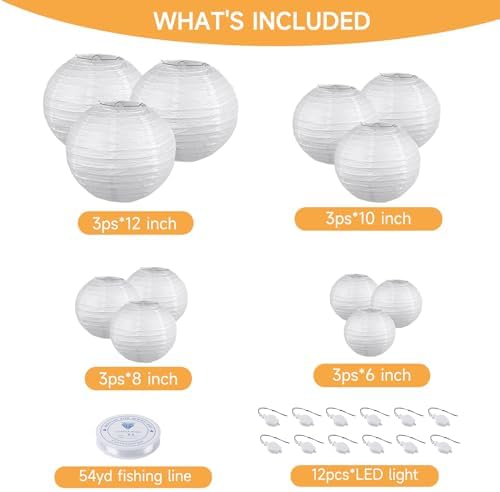 HAUSPROFI 12Pcs White Paper Lanterns with LED Lights Chinese Lanterns Decor - Image 2