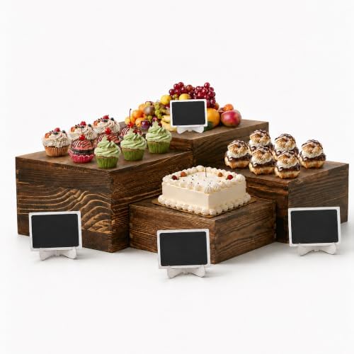 4 Pack Wooden Buffet Risers Cupcake Stand Buffet Display with Mini Signs by BOYMCOWBOYHOMEDECOR