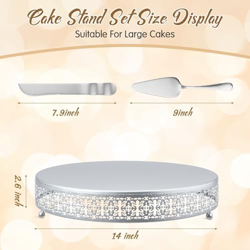 Wenqik Silver Metal Cake Stand 14 Inch with Cutting & Spatula - Image 2