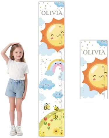 Personalized Growth Chart for Wall, Sun Rainbow Height Growth for Kids, Wooden Name Ruler for Nursery and Playroom, Baby Shower Gift 63" x 11.8" by Chgcuofce