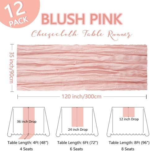 12 Pack Blush Pink Table Runner Cheesecloth 10Ft Gauze Cheese Cloth Table Runner 35x120 Inch Boho Sheer Rustic Fabric for Holiday Party Decor Baby Shower Wedding Decorations - Image 2