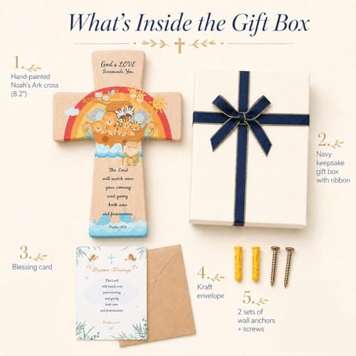 Onism Wooden Wall Cross for Baby Boy, Noah's Ark Baptism Gift, 8 in Beech - Image 2