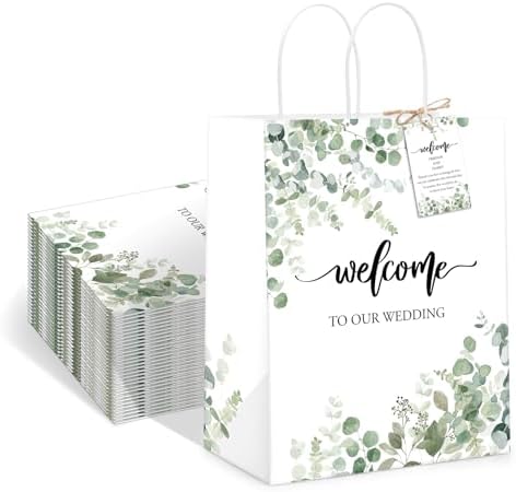 QIELSER 50 pcs Welcome Bags for Wedding Guests Bulk with Tags Welcome to Our Wedding Gift Bags with Handles for Birthday Party Baby Shower Favors Supplies by QIELSER